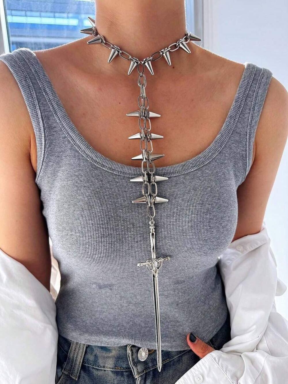Punk Gothic Spike Choker Necklace with Sword | Adjustable Stainless Steel Chain